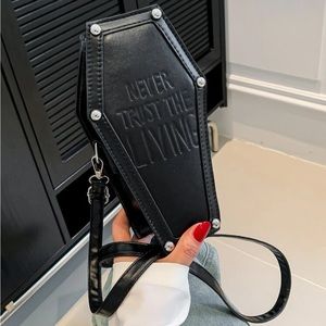 Black leather coffin shaped purse cross bag Halloween gothic studs